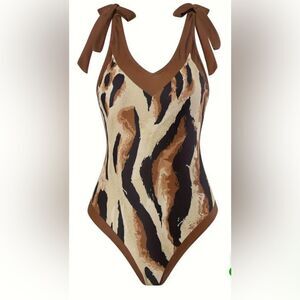 Brown Zebra Print Stretchy V Neck Bow Tie Shoulder One-piece Bohemian Size XL